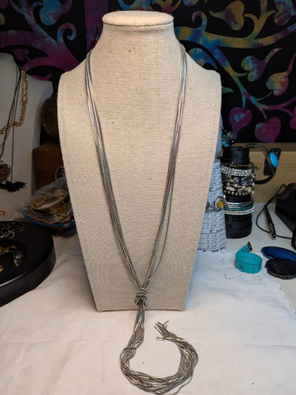 Silver Tone Multi Strand Snake Chain Tassel Necklace